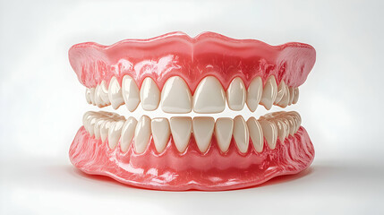 Full Set of False Teeth with Pink Gum on White Background for Dental Health and Medical Treatment