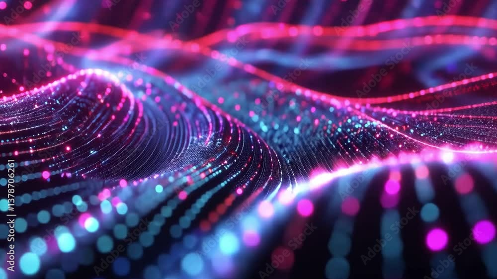 Poster vibrant digital waves of light colorful abstract background with flowing patterns and technology inf