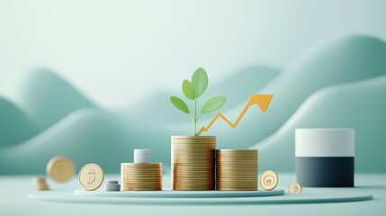Gold coins supporting a plant, upward trend