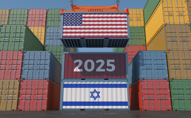 Trading 2025. Cargo Container with Israel and USA flag. 3D Rendering