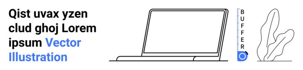 Open laptop placed beside a stylized abstract plant and vertical text element. Clean lines and minimal design. Ideal for technology, productivity, workspace ideas, modern design, branding