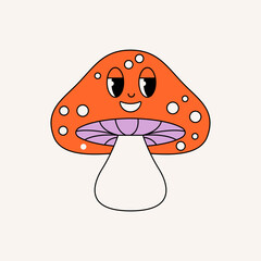 Groovy mushroom. Psychedelic funky cartoon mushrooms character with eyes, trippy hippie fly mushroom sticker, acid trip shamanic bohemian magic fungi element. Vector illustration