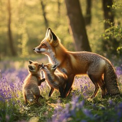 Fox Family in Meadow at Dawn