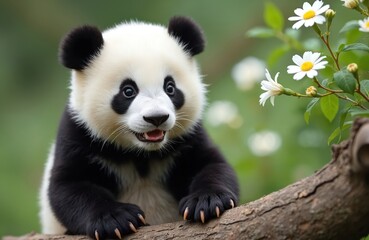 Obraz premium Playful baby panda bear sitting tree branch. Cute panda cub in natural habitat. Black and white panda exploring wild nature. Endangered giant panda species in park.