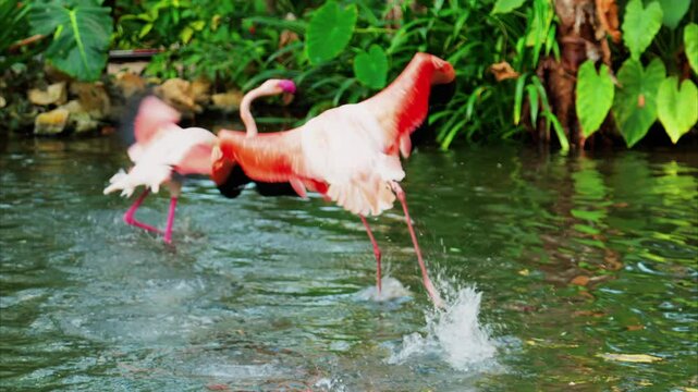 Close up of beautiful, pink flamingos flying near the water at a zoo