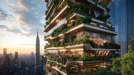 A modern skyscraper showcases integrated greenery and urban skyline views