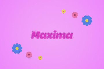 Maxima female girl name illustration in pink with blossoms, flowers
