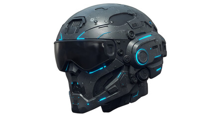 Close up of a futuristic gray helmet with blue lights on a black background