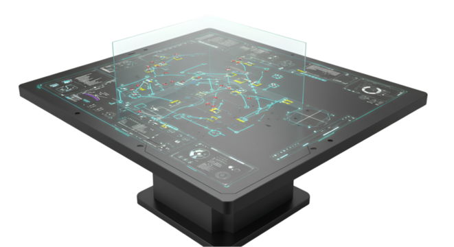 Futuristic table with holographic display showing complex data map