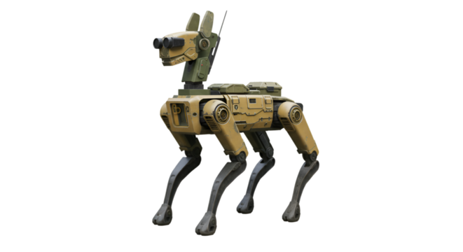 Isolated robotic dog with tan and green armor on a black background