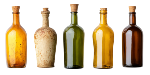 Assorted Vintage Glass Bottles in Various Colors and Shapes Ideal for Antique Decor or Creative Projects, Featuring Unique Textures and Cork Tops