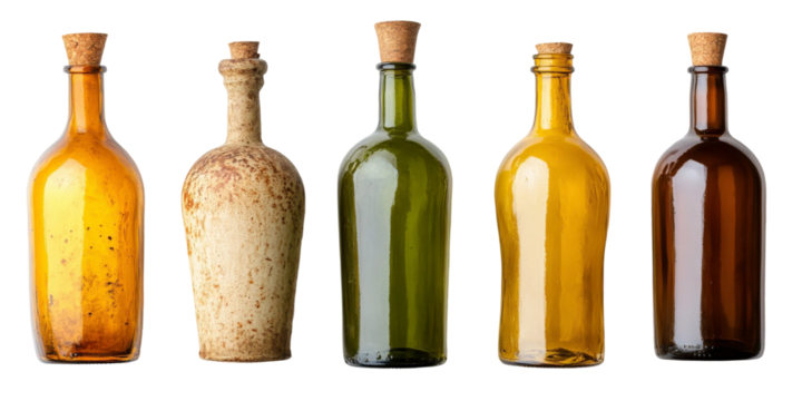 Assorted Vintage Glass Bottles in Various Colors and Shapes Ideal for Antique Decor or Creative Projects, Featuring Unique Textures and Cork Tops