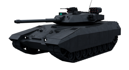 A dark military tank with a long barrel against a black background