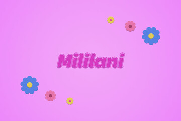 Mililani female girl name illustration in pink with blossoms, flowers