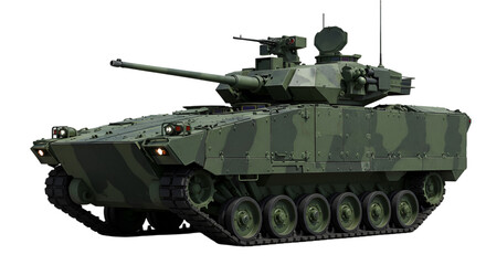 A military tank with camouflage pattern isolated on black background