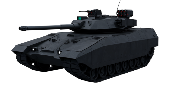 A dark military tank with a long barrel against a black background