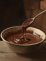 Close-up shot of a beige bowl filled with melted dark chocolate. A spoon is lifting a portion of the chocolate, showcasing its viscous, glossy texture and rich brown hue.  The chocolate displays a