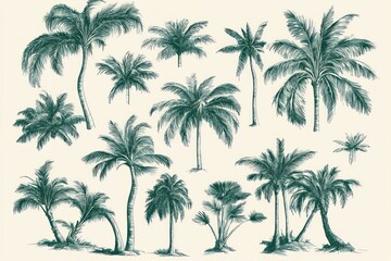 Set of multiple tropical palm trees, detailed and isolated