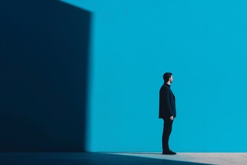A lone figure stands in silhouette against a bold blue wall, symbolizing contemplation and isolation.