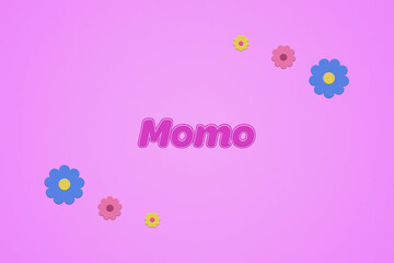 Momo female girl name illustration in pink with blossoms, flowers