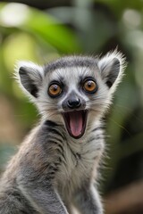 Fototapeta premium A delightful close-up of a lemur with its mouth wide open, exuding joy and curiosity in a lush environment.