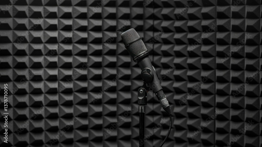 Poster a dynamic microphone on a stand in a sound booth.