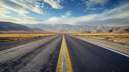 Naklejka premium photograph of A road with milestone markers symbolizes progress towards operational goals. wide angle lens