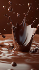 A close-up, macro photograph captures the dynamic moment of a dark chocolate liquid splashing.  The image showcases a high-contrast interplay of light and shadow, highlighting the glossy surface