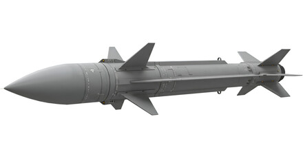 A gray missile with fins and a pointed nose on a black background view