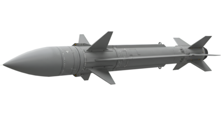 A gray missile with fins and a pointed nose on a black background view