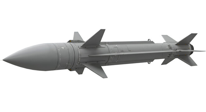 A gray missile with fins and a pointed nose on a black background view