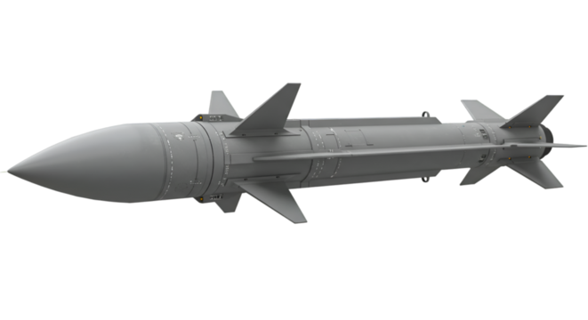 A gray missile with fins and a pointed nose on a black background view