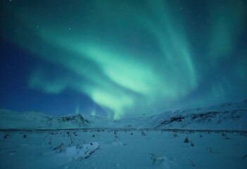 Naklejka premium Northern Lights in a Mountainous Winter Landscape
