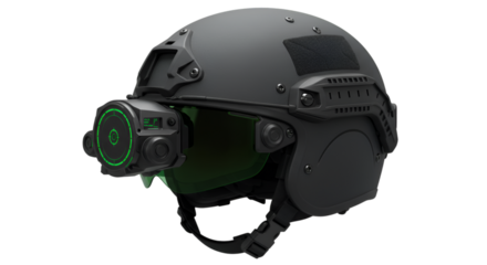 Close up of a tactical helmet with night vision goggles attachment