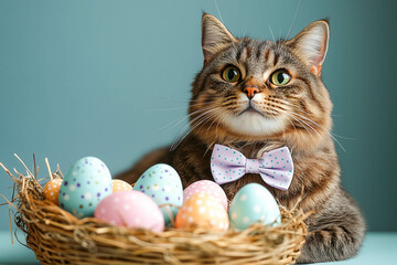 Adorable cat with bow tie and colorful easter eggs in wicker basket