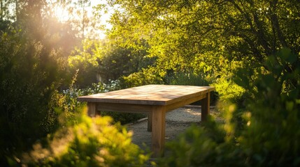 Naklejka premium Rustic wooden picnic table in a sunny garden setting for outdoor dining