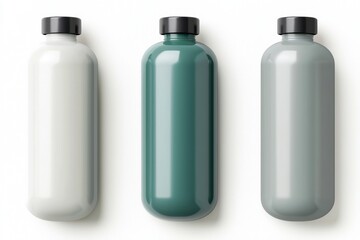 Three sleek, modern bottles in muted colors-white, green, and gray-displayed against a neutral background, showcasing minimalist design.