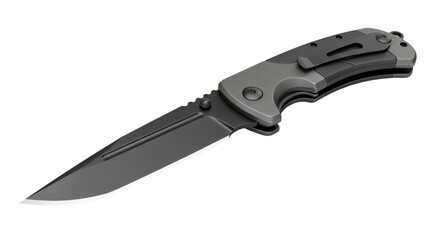 A gray and black folding knife with a serrated edge on a black background