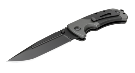 A gray and black folding knife with a serrated edge on a black background