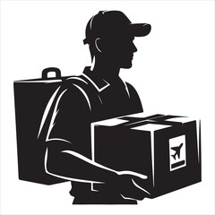 Courier Delivering Carrying Box Silhouette on isolated white background