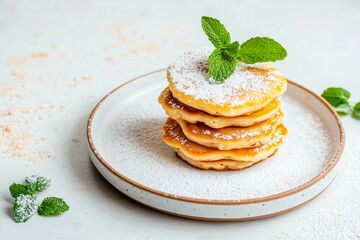 Delicious homemade pancakes with mint and powdered sugar on a plate