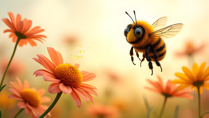 Cute Cartoon Bumblebee Flying Among Flowers with Sparkles, Whimsical Springtime Illustration, Pollination and Nature Concept.