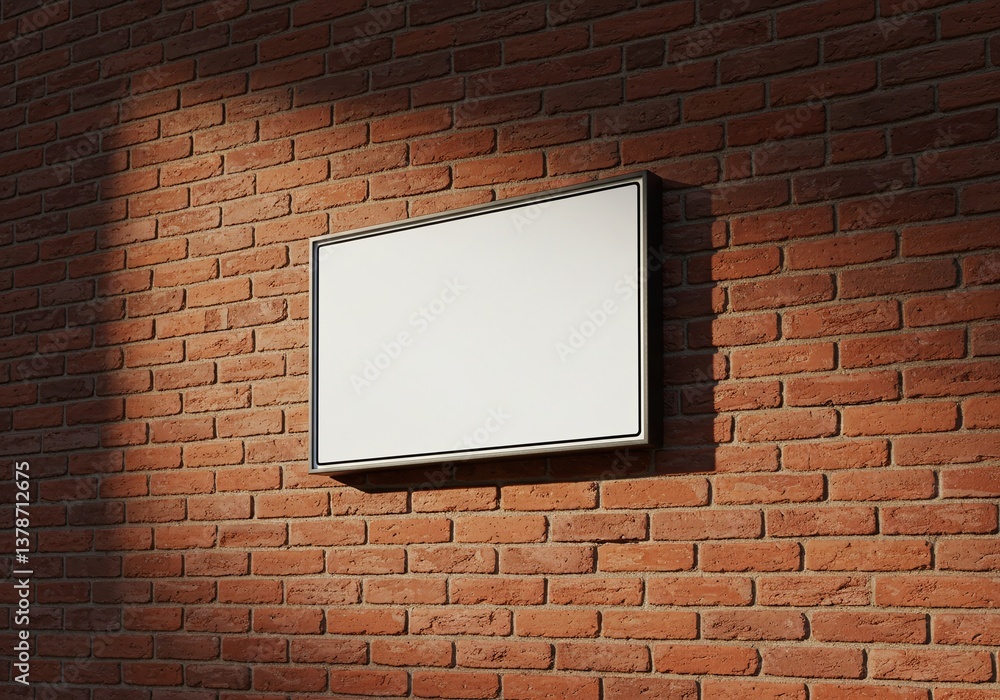 Poster an empty frame hangs on a red brick wall, lit by a warm sunlight. the composition offers ample space