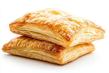 Puff pastry with custard cream filling, soft golden layers, isolated."