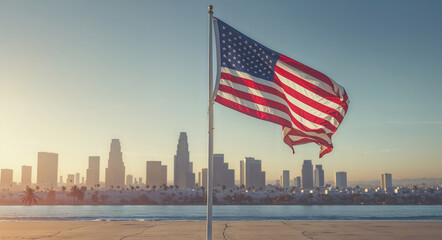 American flag on the background of the city of Los Angeles United States