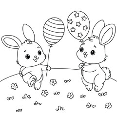 Cute kawaii bunnies holding balloon cartoon character coloring page vector illustration