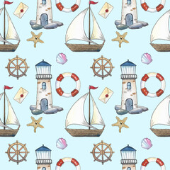 A marine lighthouse with a fishing boat, a lifebuoy, an anchor and a steering wheel. Watercolor illustration. Seamless pattern in a nautical theme. For fabric, textiles, wallpaper