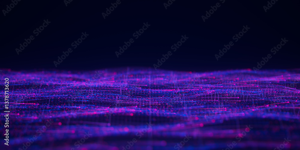 Poster abstract wavy flow of big data in cyber space. quantum computing information stream. digital pathway