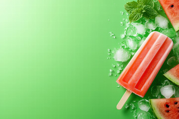 Refreshing watermelon ice pop with mint leaves and ice on vibrant green background