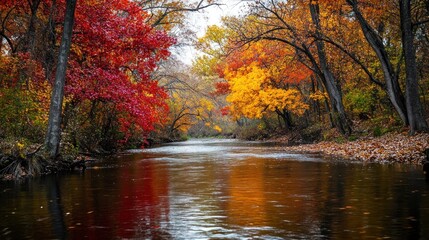 Obraz premium Picturesque autumn scenery with colorful trees reflected in the calm river water